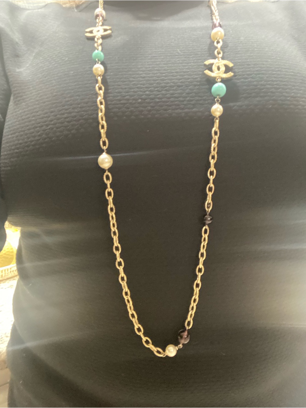 CHANEL Gold Chain Necklace with Turquoise Beads and Cream Pearls